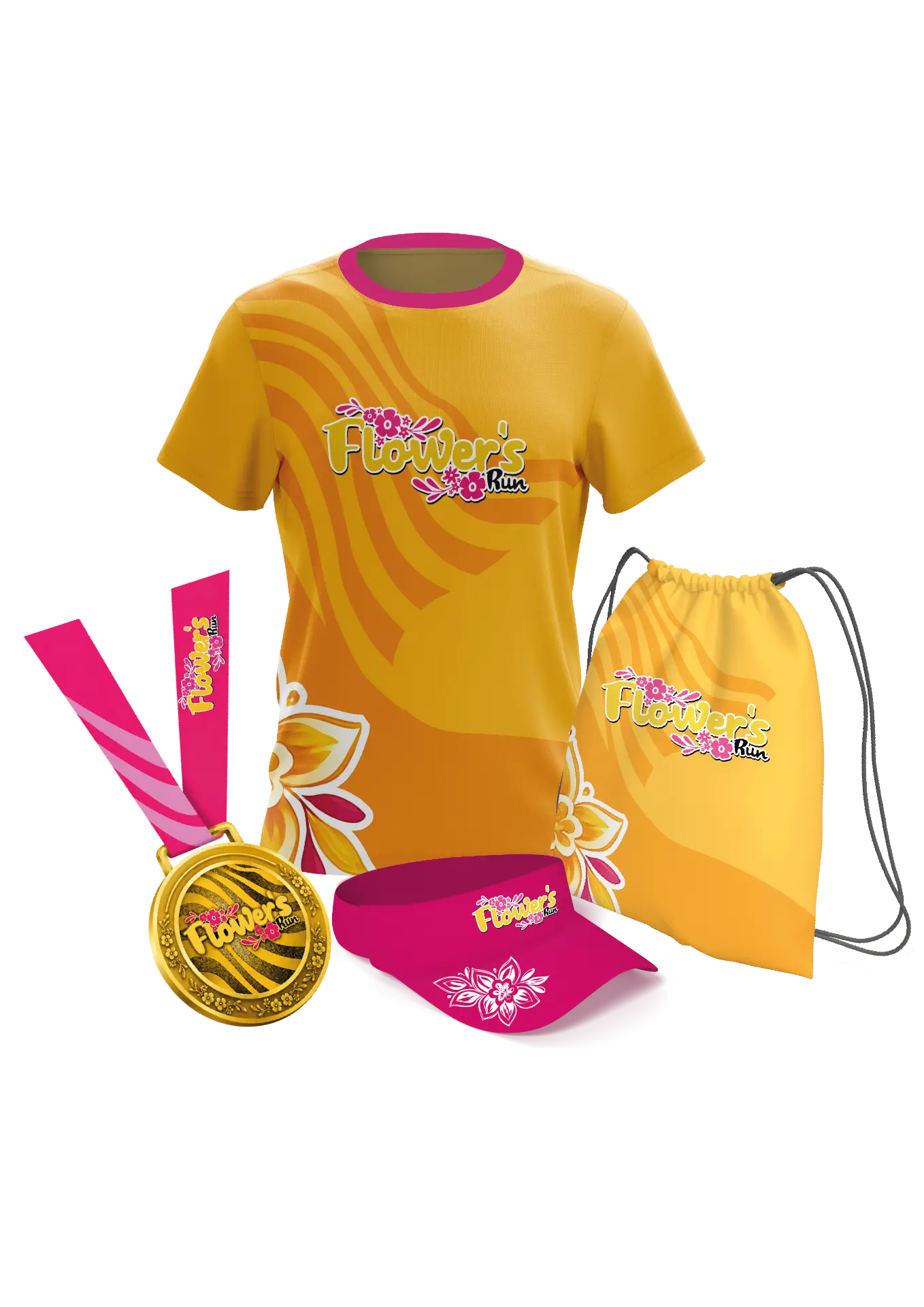 Kit completo Flower's Run com camiseta, medalha, viseira e sacola