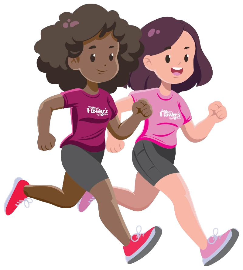 Duas mulheres correndo juntas com camisetas Flower's Run